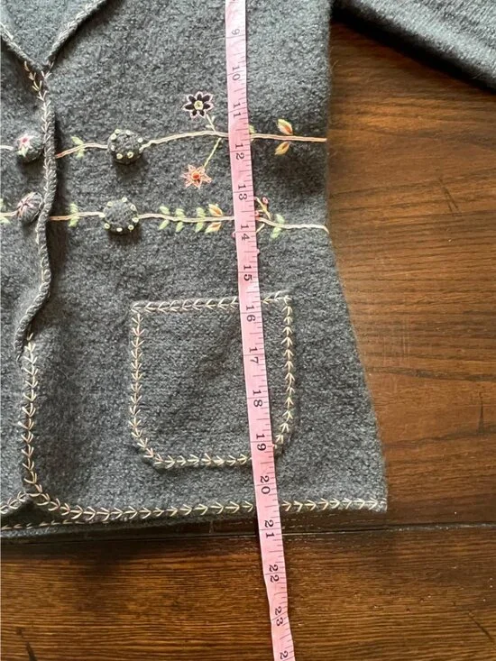 Lucidity Wool Blazer Grey Floral Embroidered Snap Button Pockets Boho Fairy S - Picture 9 of 11